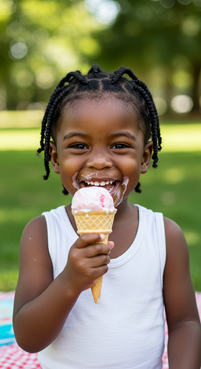A black child wearing a white singlet and holding an ice cream #2