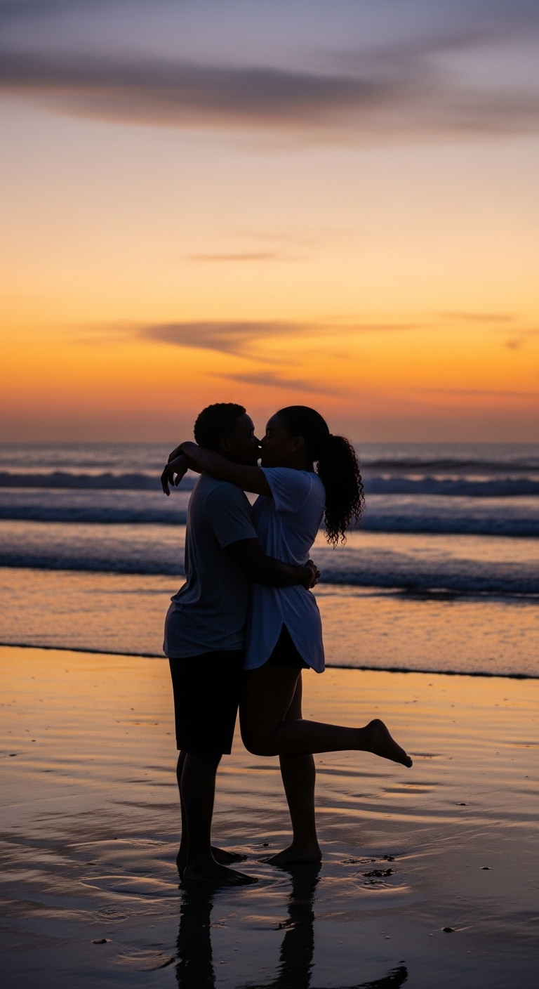 A young black man and woman kissing at the beach at dusk #3