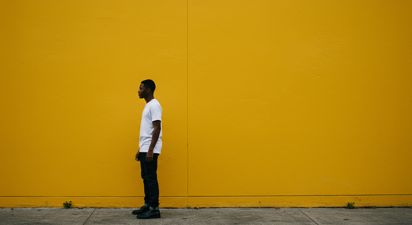 A young black man standing by a yellow wall in a far-off shot #3