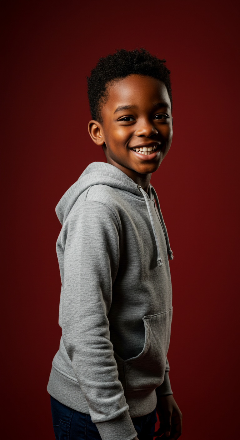 Happy black boy in casual hoodie posing in front of a vibrant red backdrop #3
