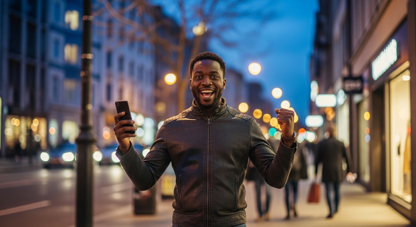 A black man holding his phone and feeling excited #1