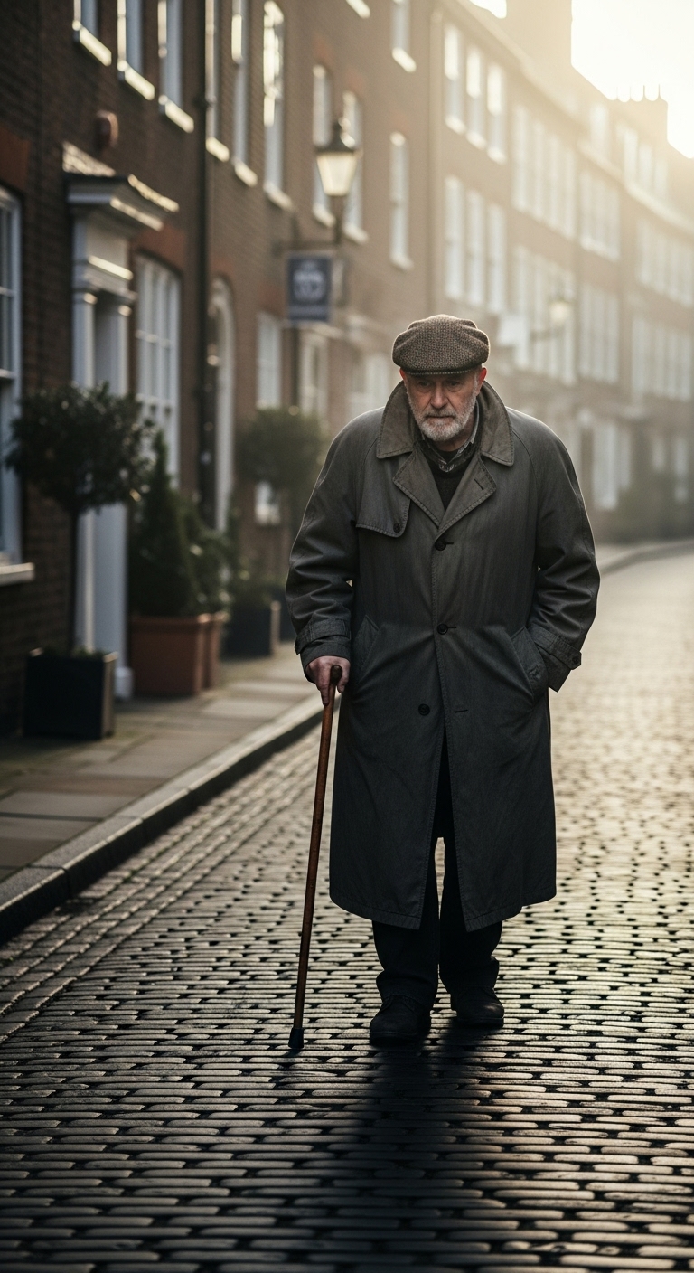 A white old man with a stick walking on a quiet street #4