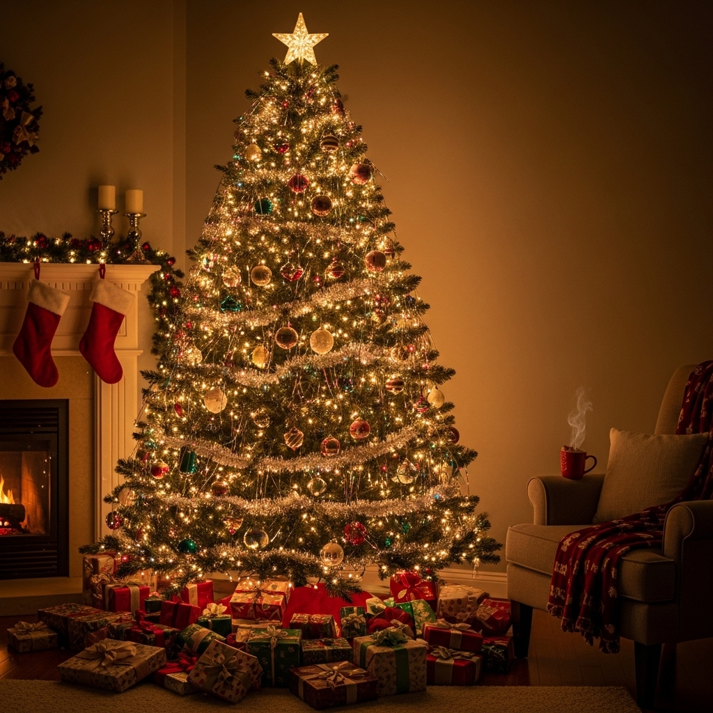 Beautifully decorated Christmas tree with glowing lights and presents #4