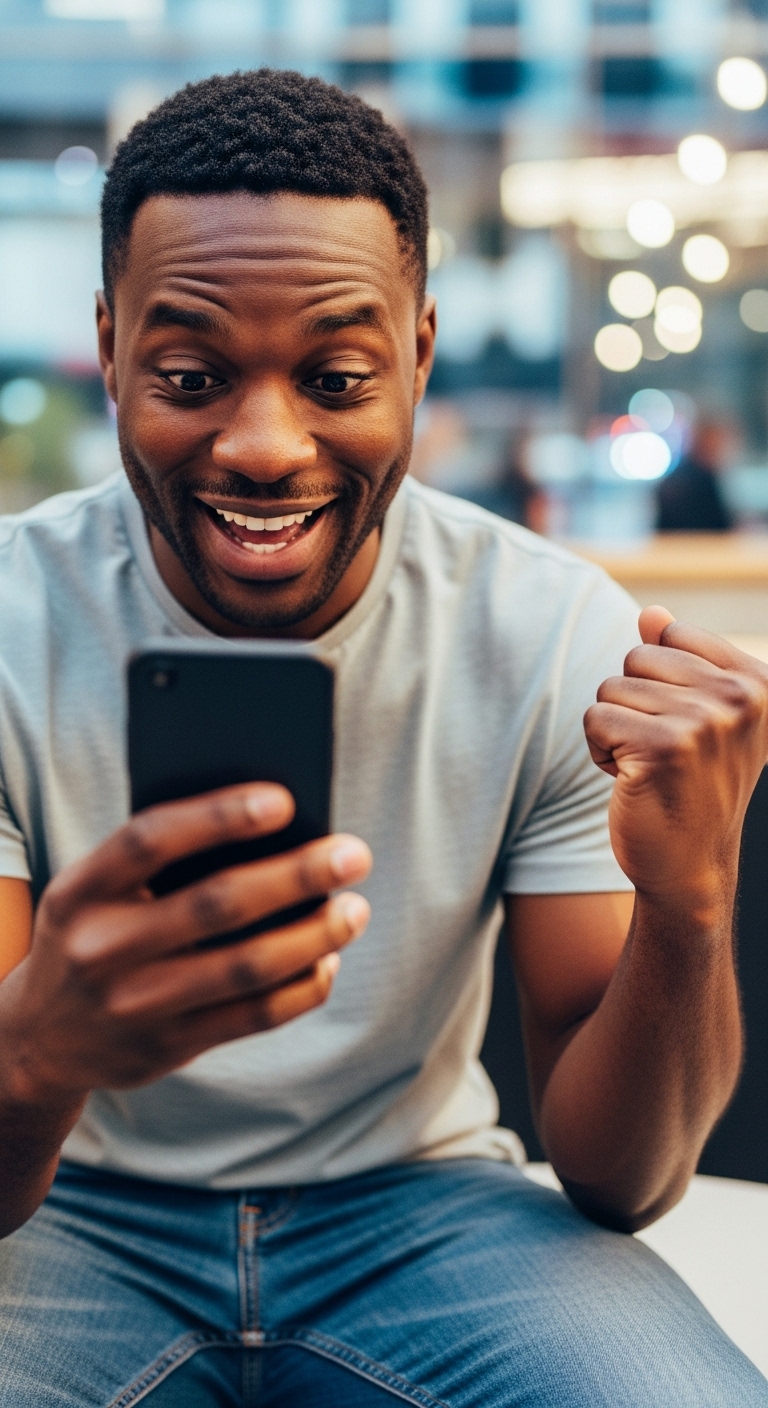 A black man holding his phone and feeling excited #2