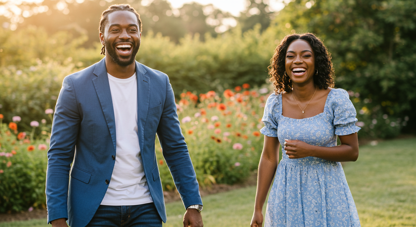 A happy black man and woman in blue attire smiling at their love #1
