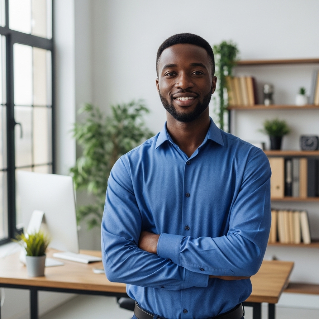 A young happy African man in a blue shirt standing in his office and smiling #1