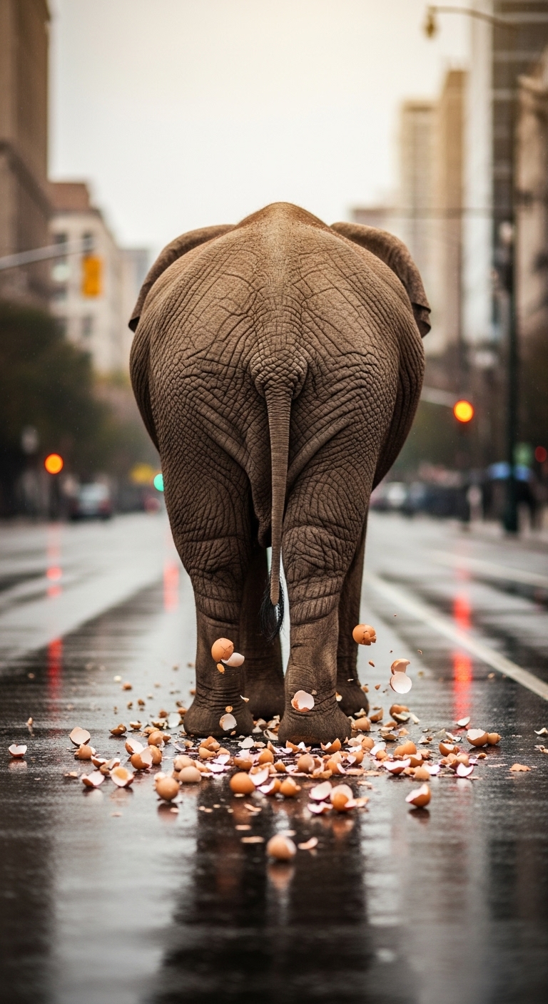 Back view of an elephant walking on eggshells on the street in daylight #2