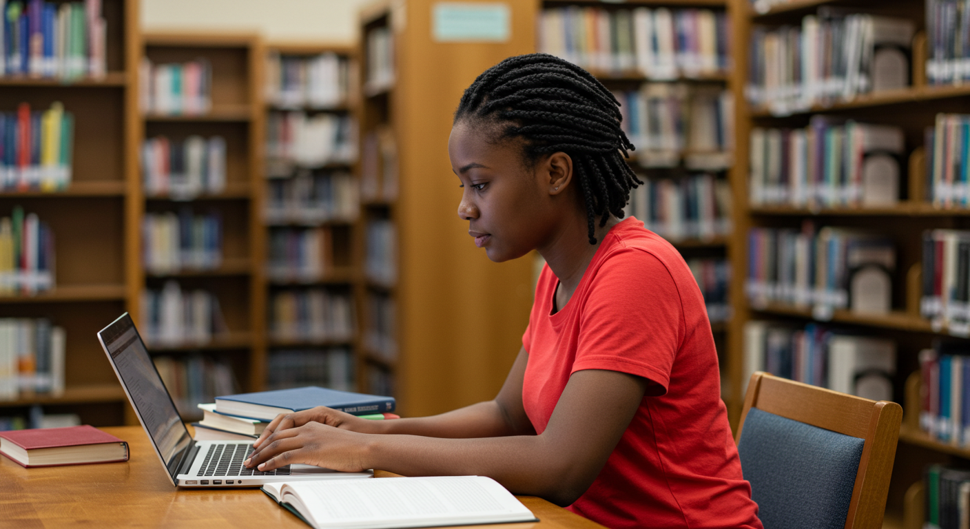 A black female student in a red shirt sitting behind a laptop in a library #3