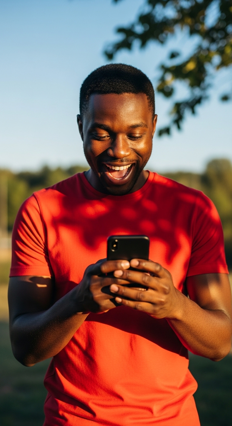 A black man in a red shirt holding his phone and feeling excited #1