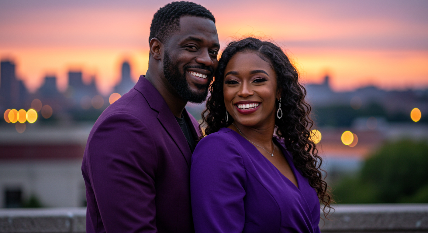 A happy black man and woman in purple attire smiling at their love #4
