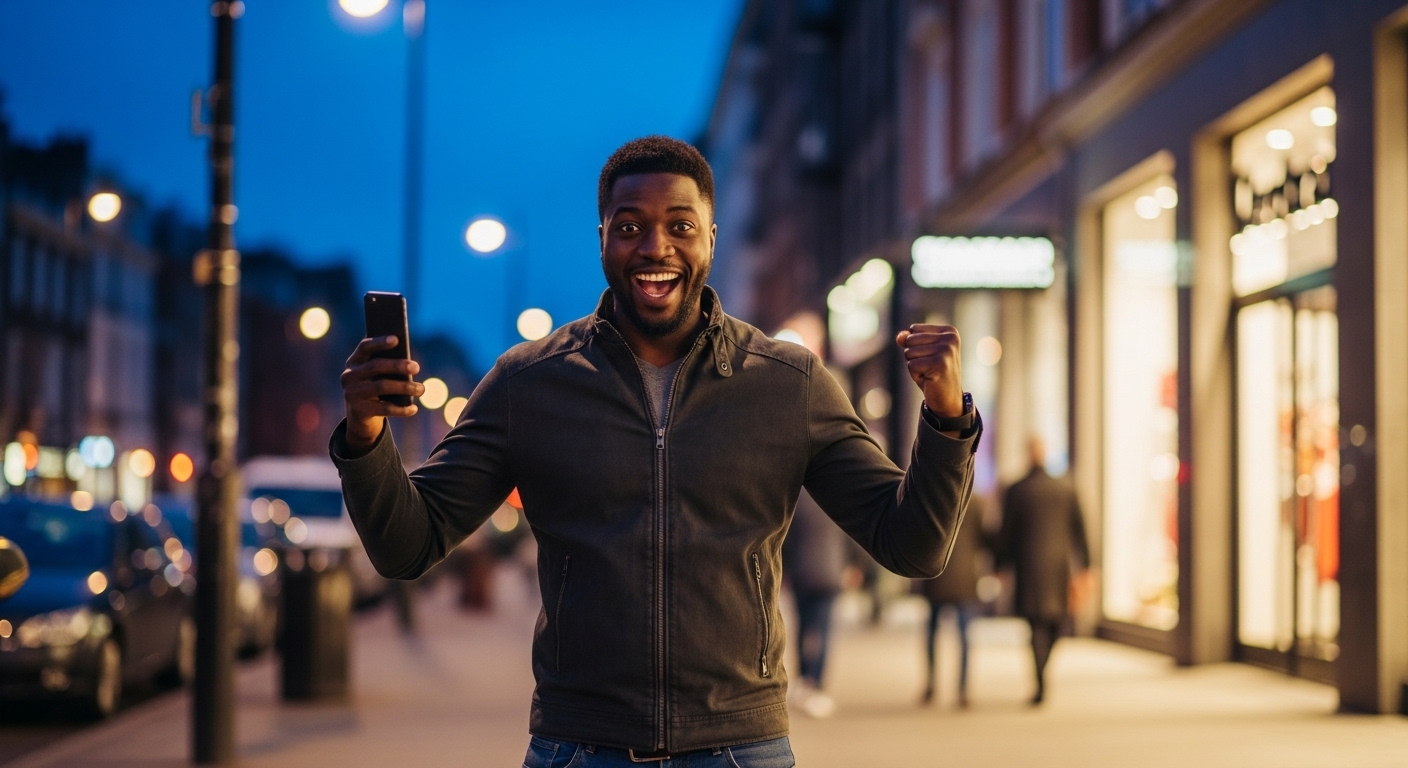 A black man holding his phone and feeling excited #4