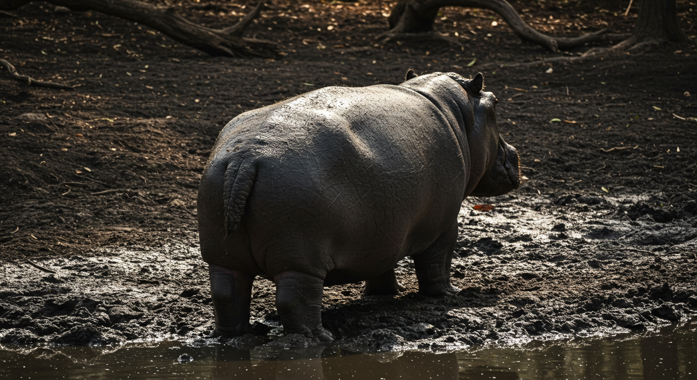 Back view of a hippo in a muddy pond #1