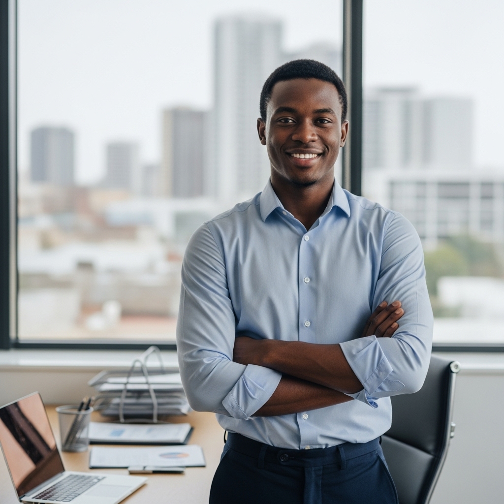 A young happy African man in a blue shirt standing in his office and smiling #4