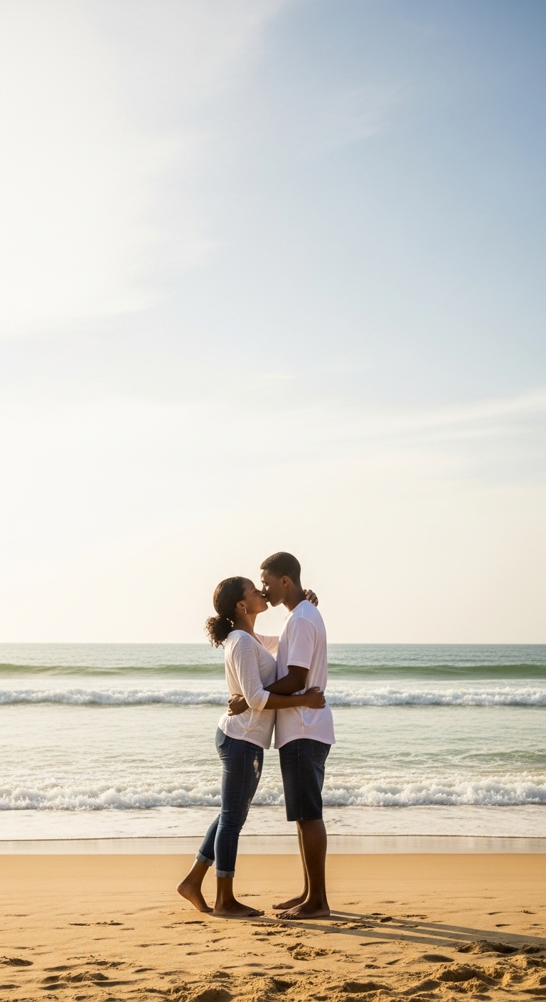 A young black man and woman kissing at the beach #2