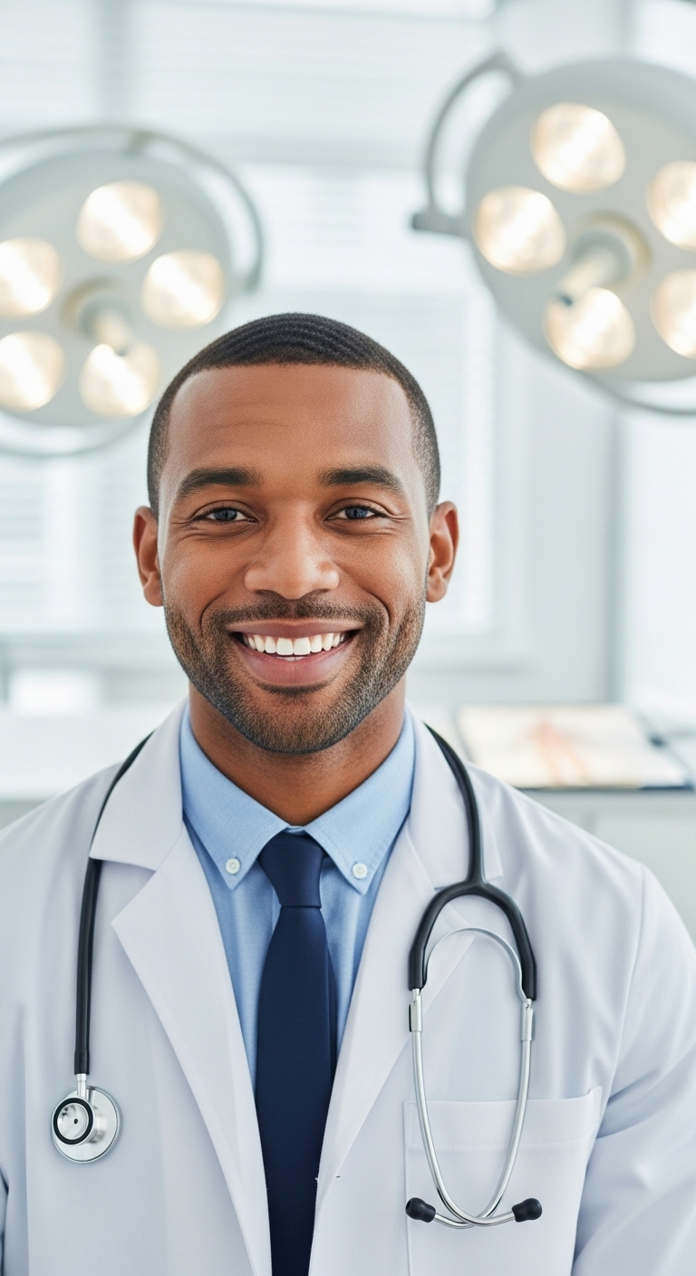 A happy African male doctor with a stethoscope #1