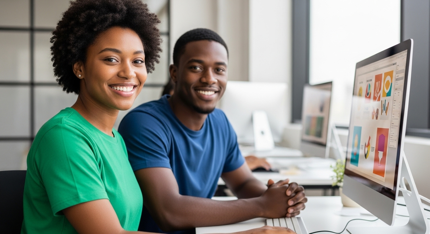A young black man and woman sitting behind a computer, smiling #4