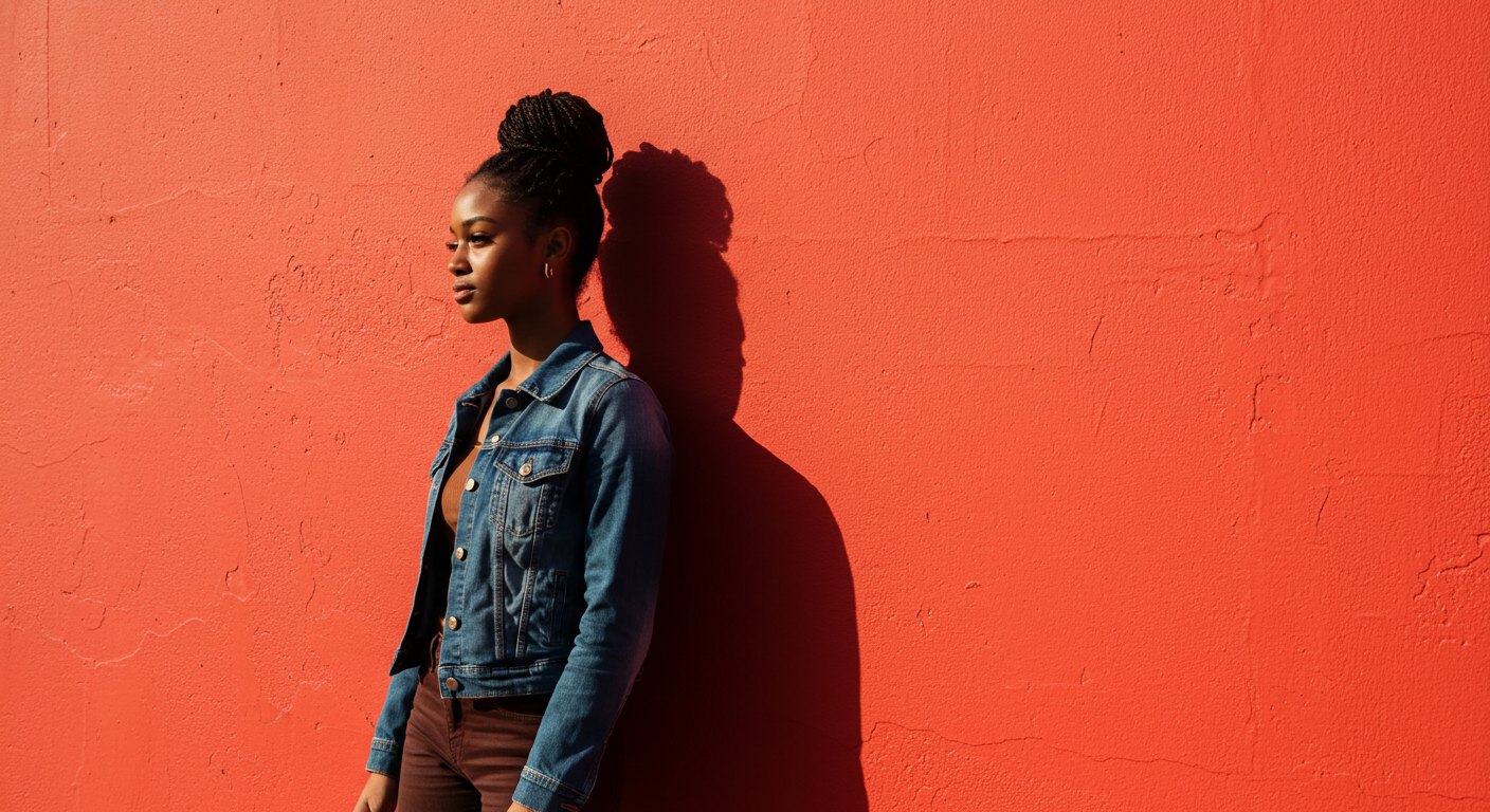 A young black woman standing by a red wall in a far-off shot #3