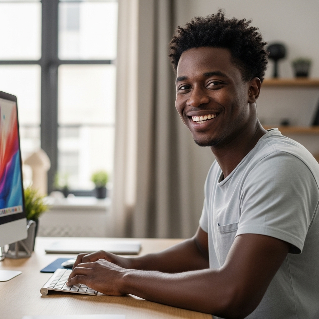 A young African man sitting behind his computer and smiling #4
