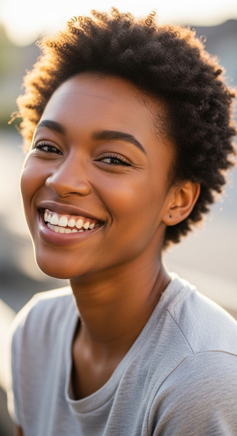 A young black woman in a grey shirt smiling #2