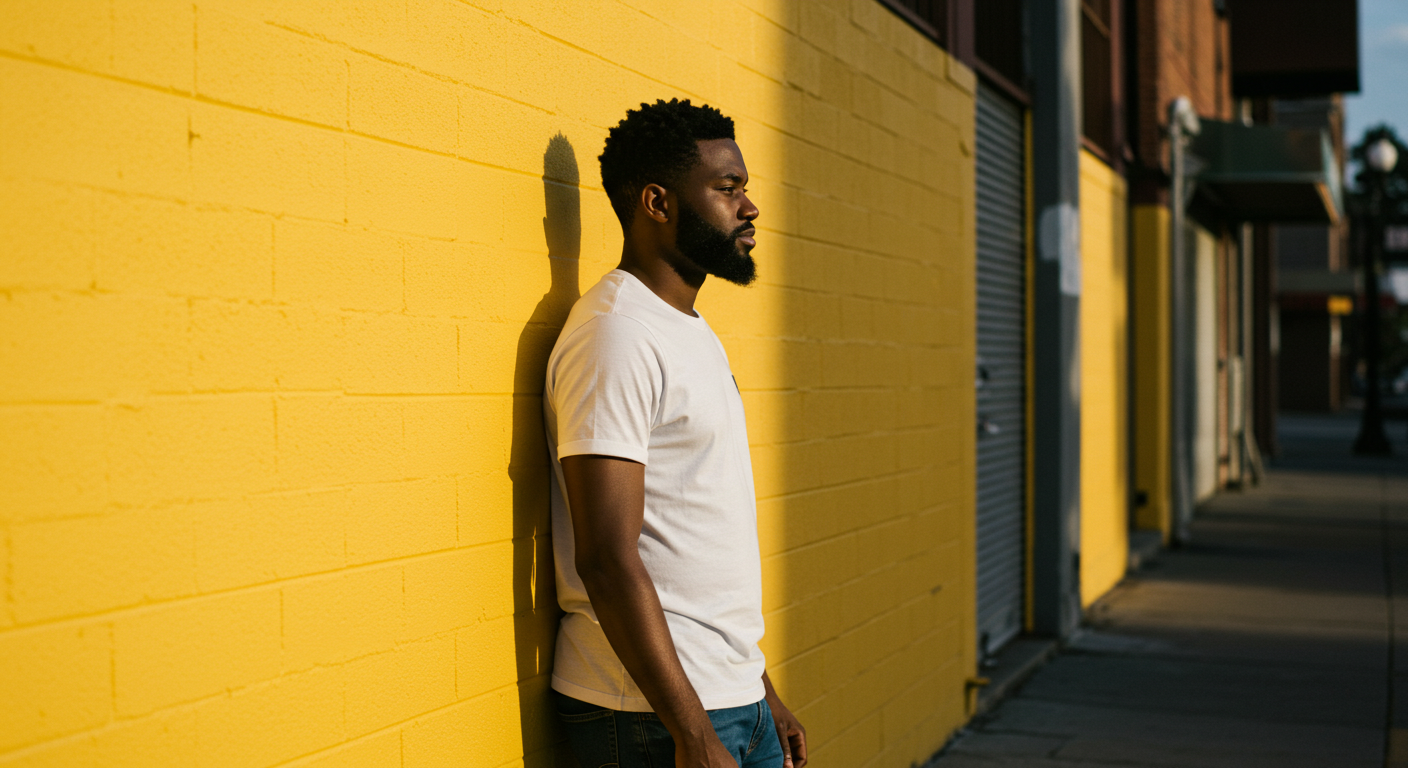 A young black man standing by a yellow wall in a far-off shot #2