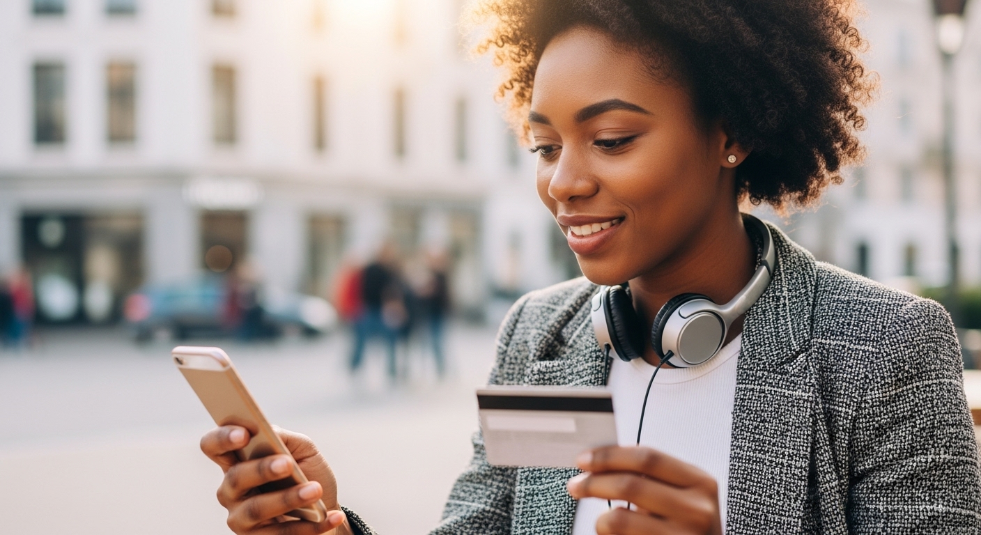 A young, pretty African lady looking down on her phone with a card and headset #4