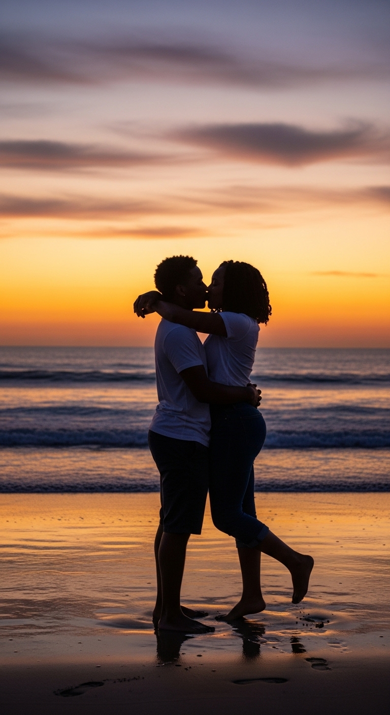 A young black man and woman kissing at the beach at dusk #1