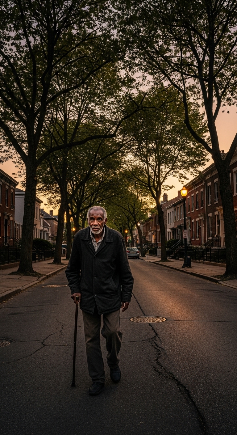 A black old man with a stick walking on a quiet street #3