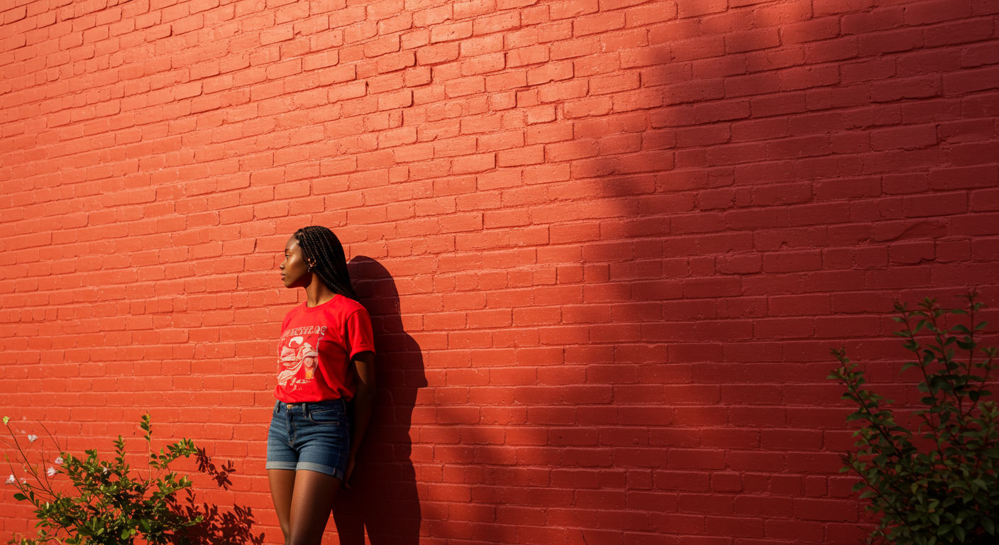 A young black woman in a red shirt standing by a red wall in a far-off shot #1