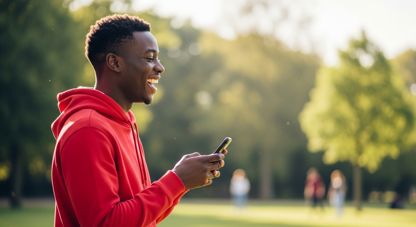 A young black man in a red hoodie, looking very happy with his phone #3