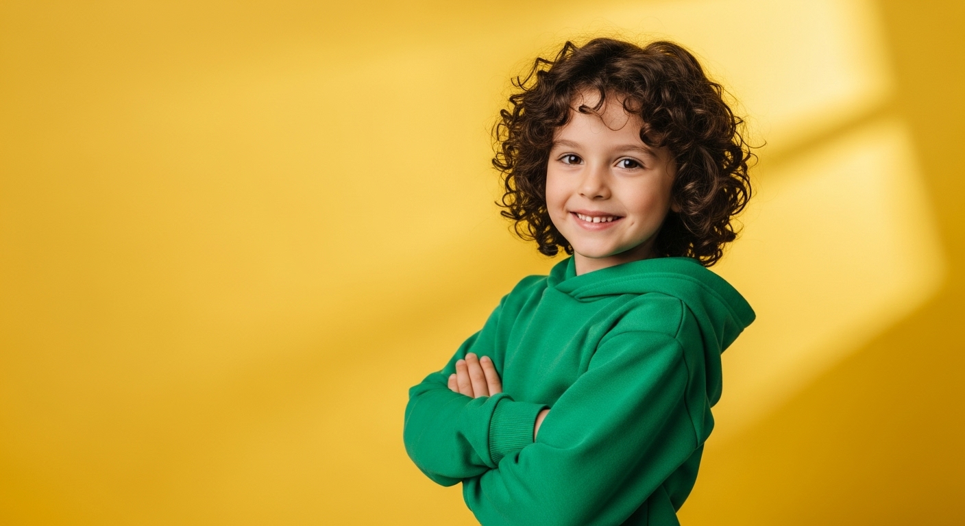 Smiling child with curly hair wearing a green hoodie, standing confidently with arms crossed, bright yellow background #2