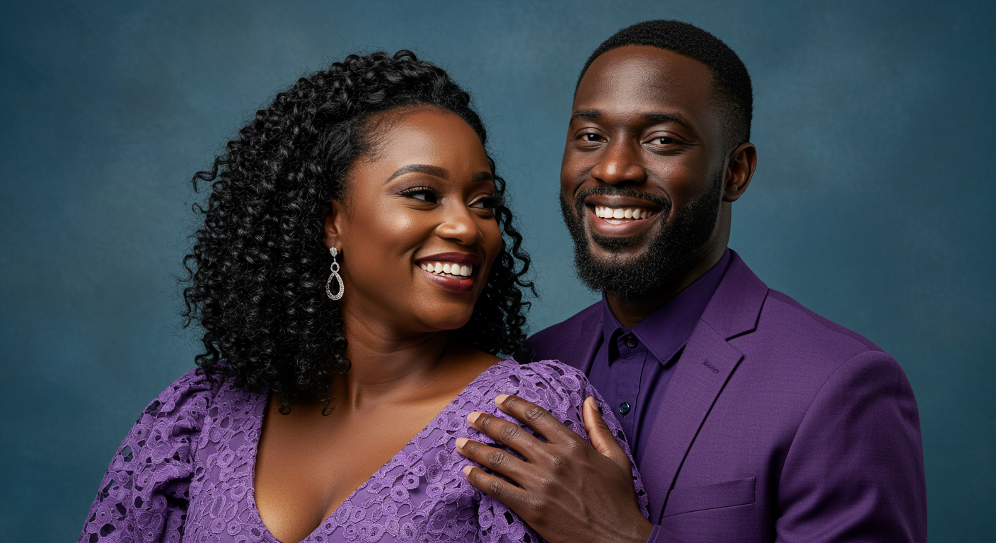 A happy black man and woman in purple attire smiling at their love #2