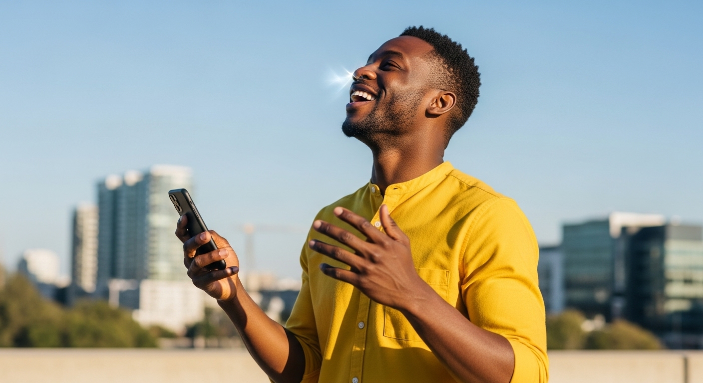 A black man in a yellow shirt holding his phone and feeling excited #3