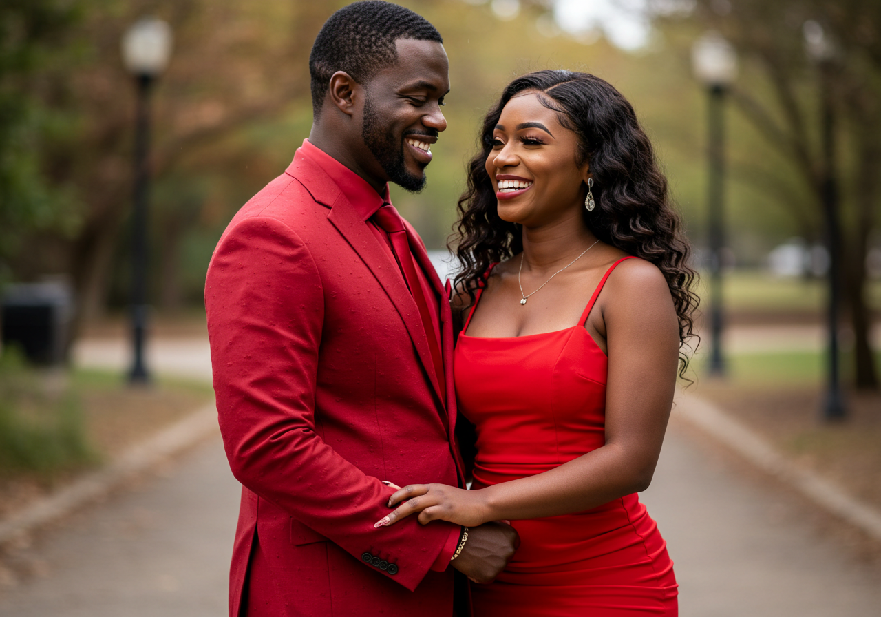 A happy black man and woman in red attire smiling at their love #2