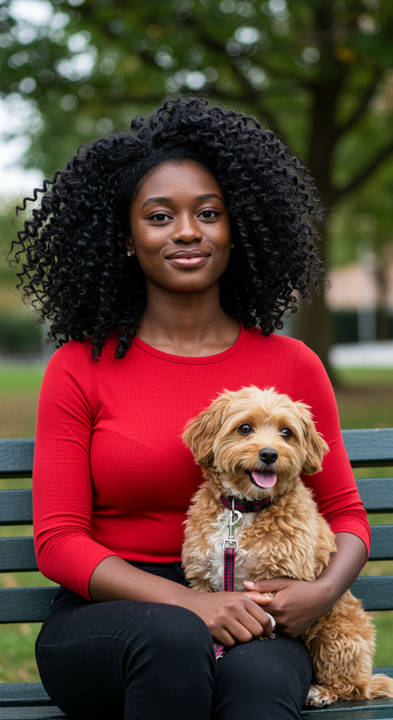 A black young woman in a red shirt sitting on a bench with his dog #2