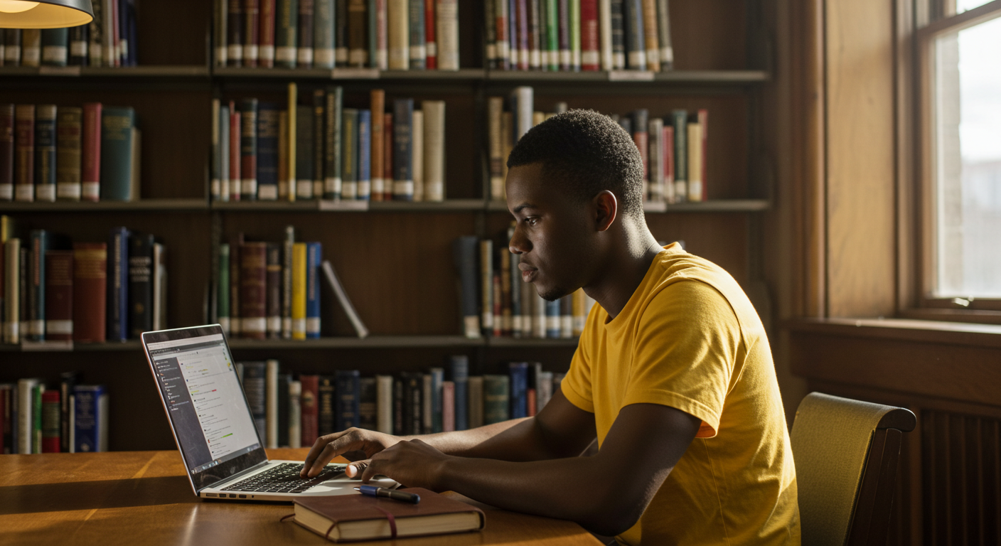 A black male student in a yellow shirt sitting behind a laptop in a library #3