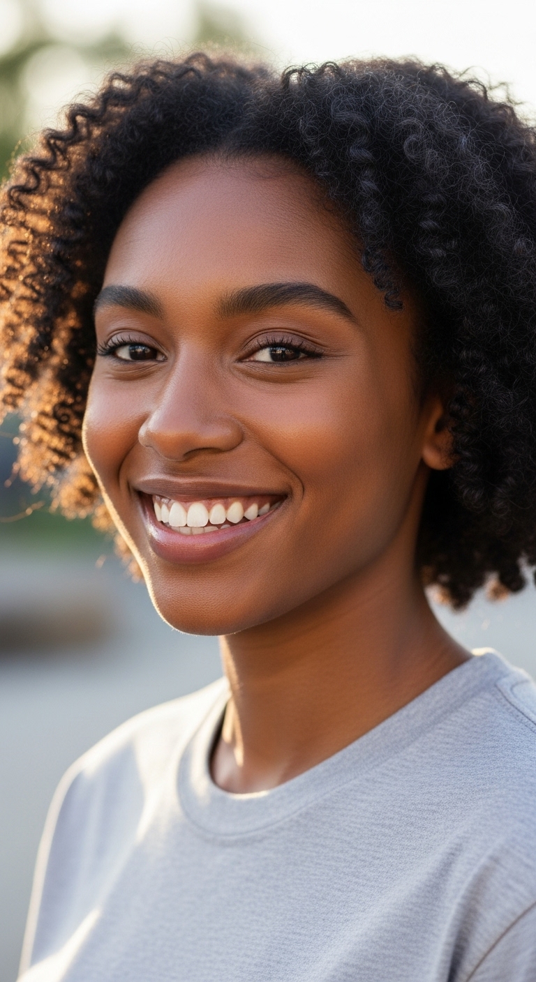 A young black woman in a grey shirt smiling #1