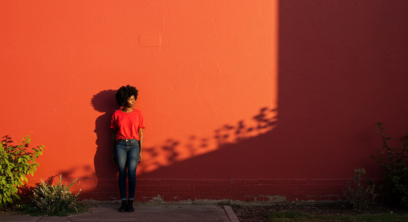 A young black woman in a red shirt standing by a red wall in a far-off shot #2