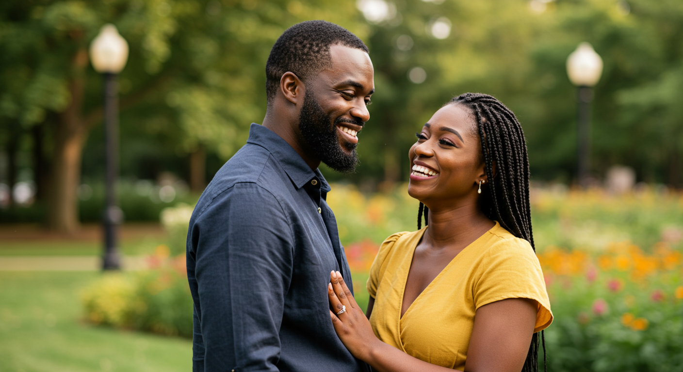 A happy black man and woman smiling at their love #1
