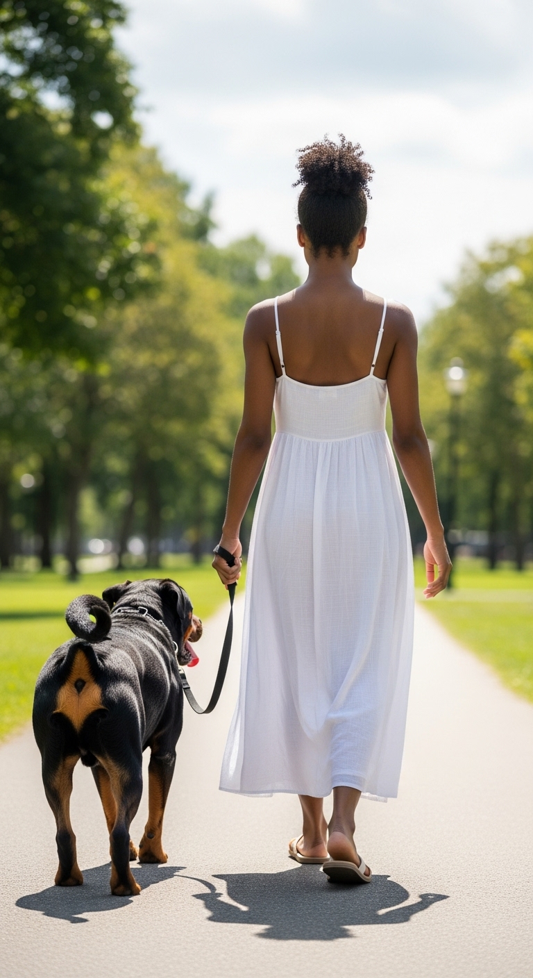 Back view of a black young lady in a white dress walking with her Rottweiler dog #3