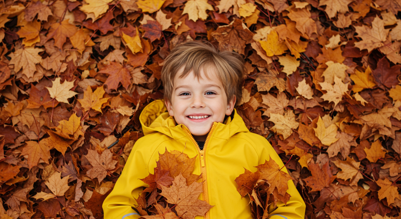 Overhead shot of a kid smiling in yellow rain jacket and lying in a pile of fall leaves #3