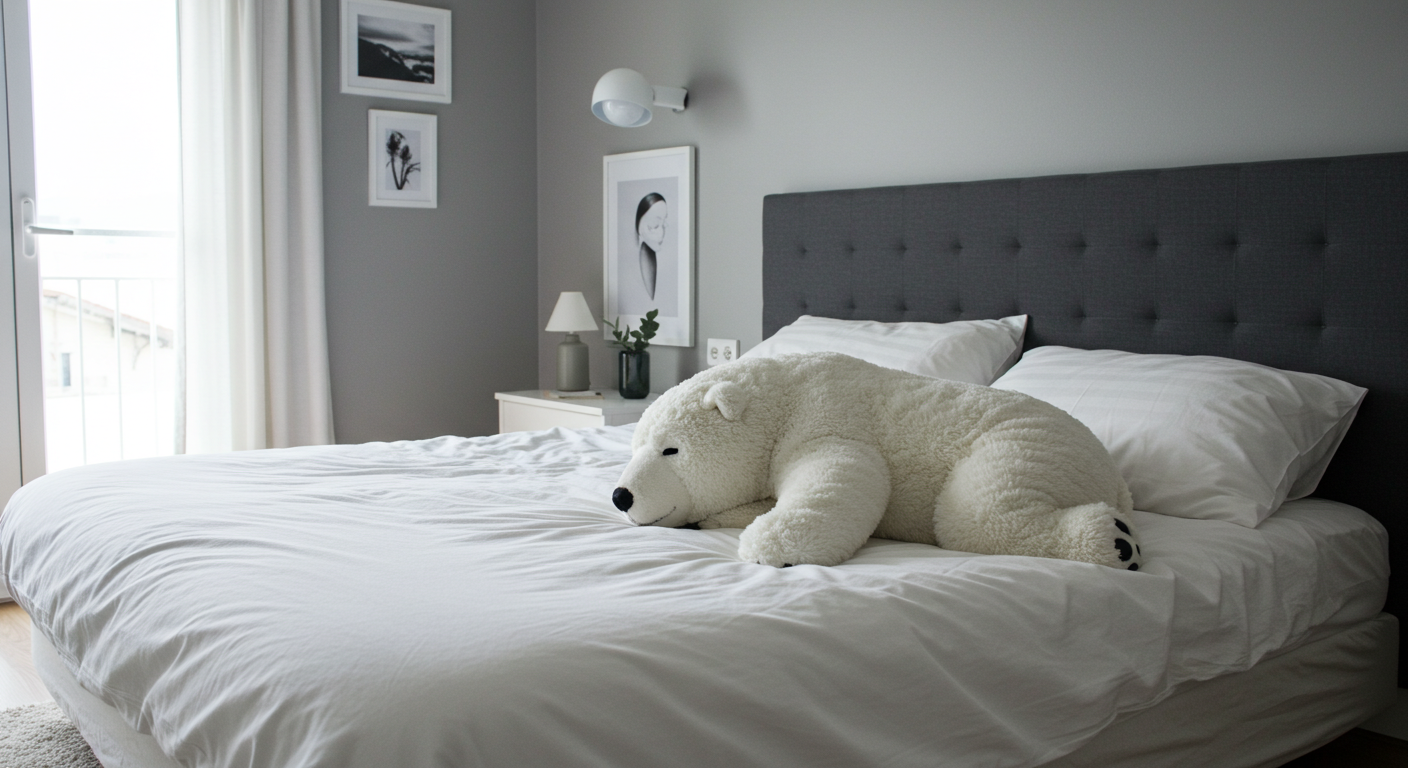 Fuzzy polar bear plushie sleeping in a minimalist modern apartment bed #4