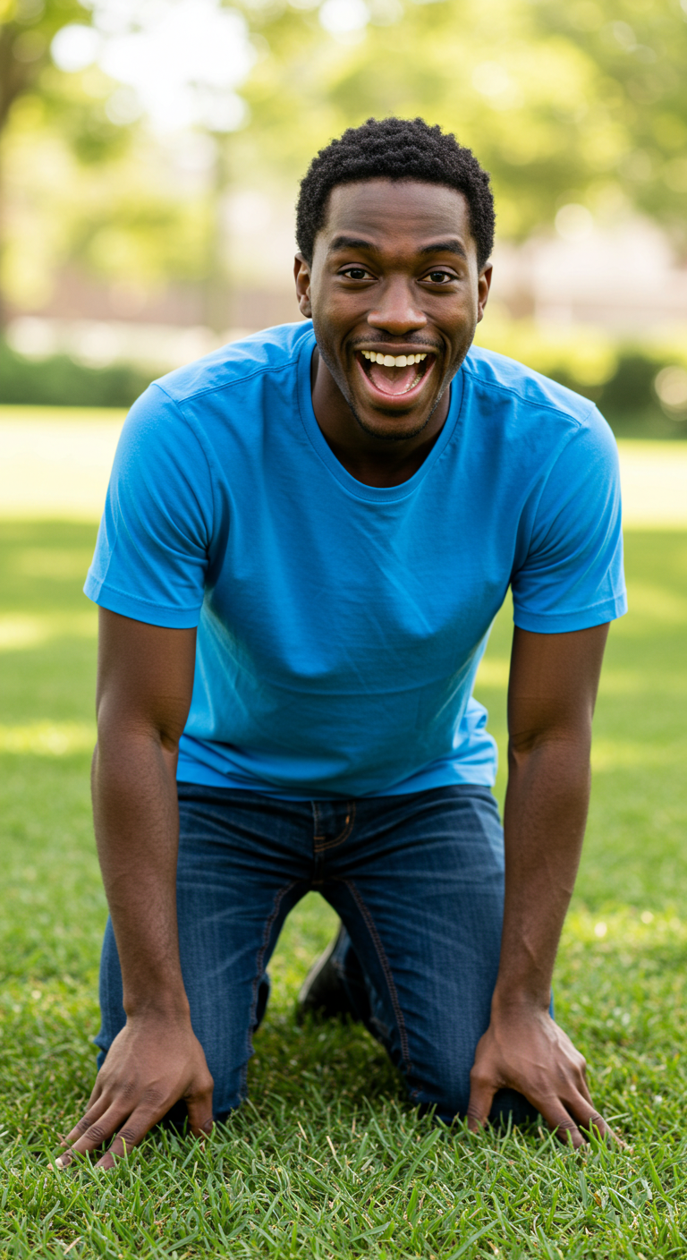 A happy black man on his knees saying yes #4