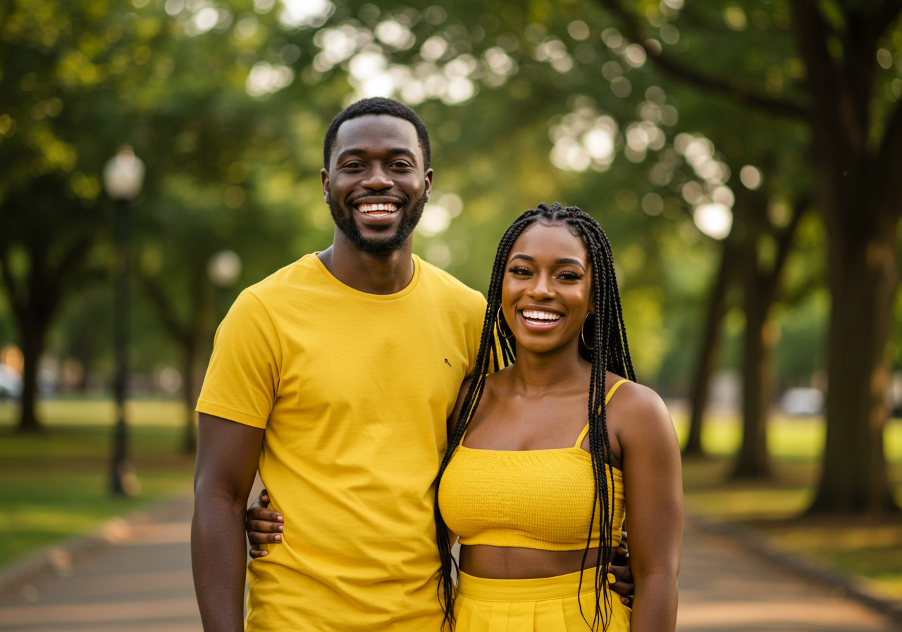 A happy black man and woman in yellow attire smiling at their love #2
