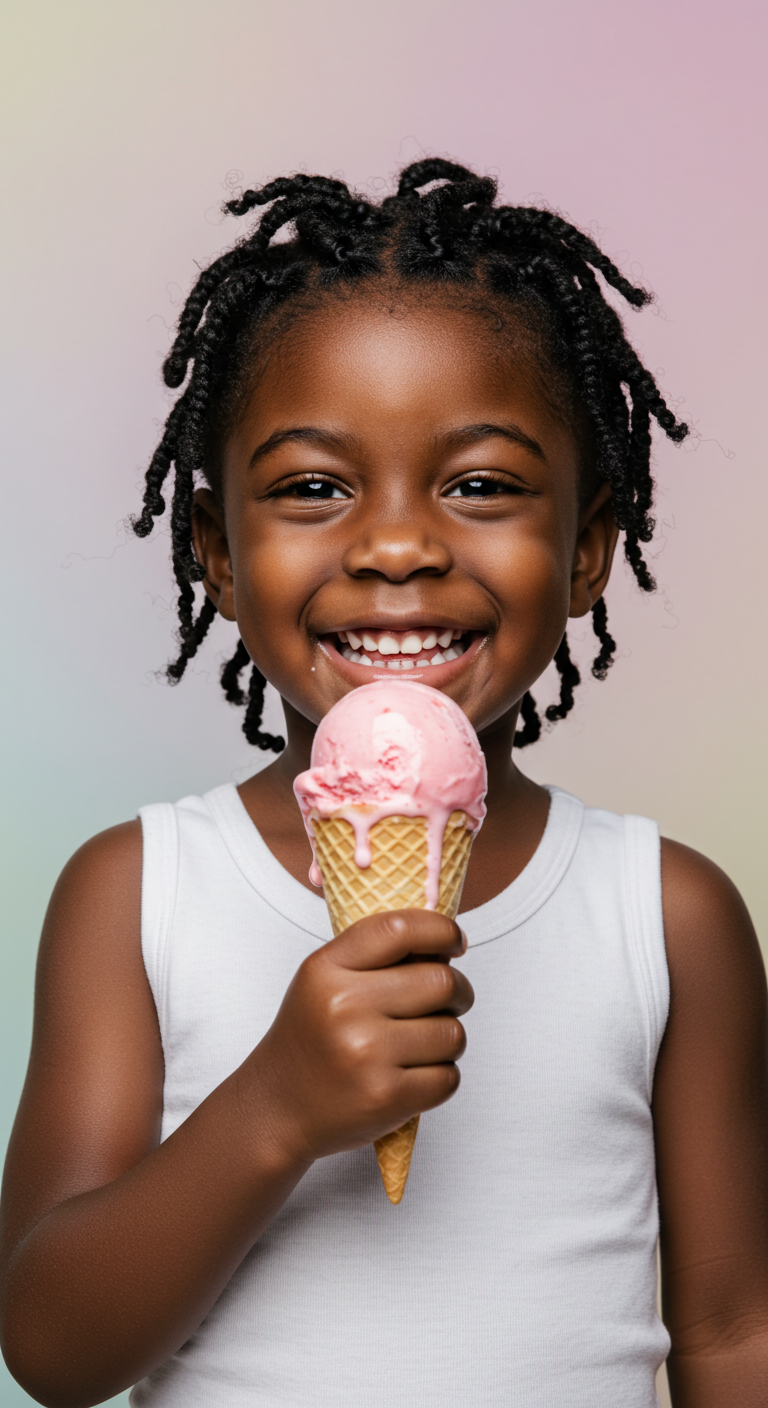 A black child wearing a white singlet and holding an ice cream #1