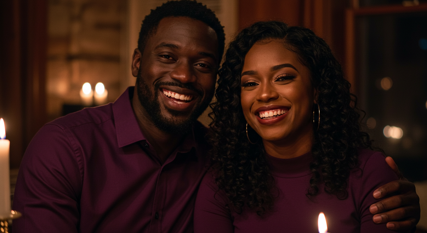 A happy black man and woman in purple attire smiling at their love #3
