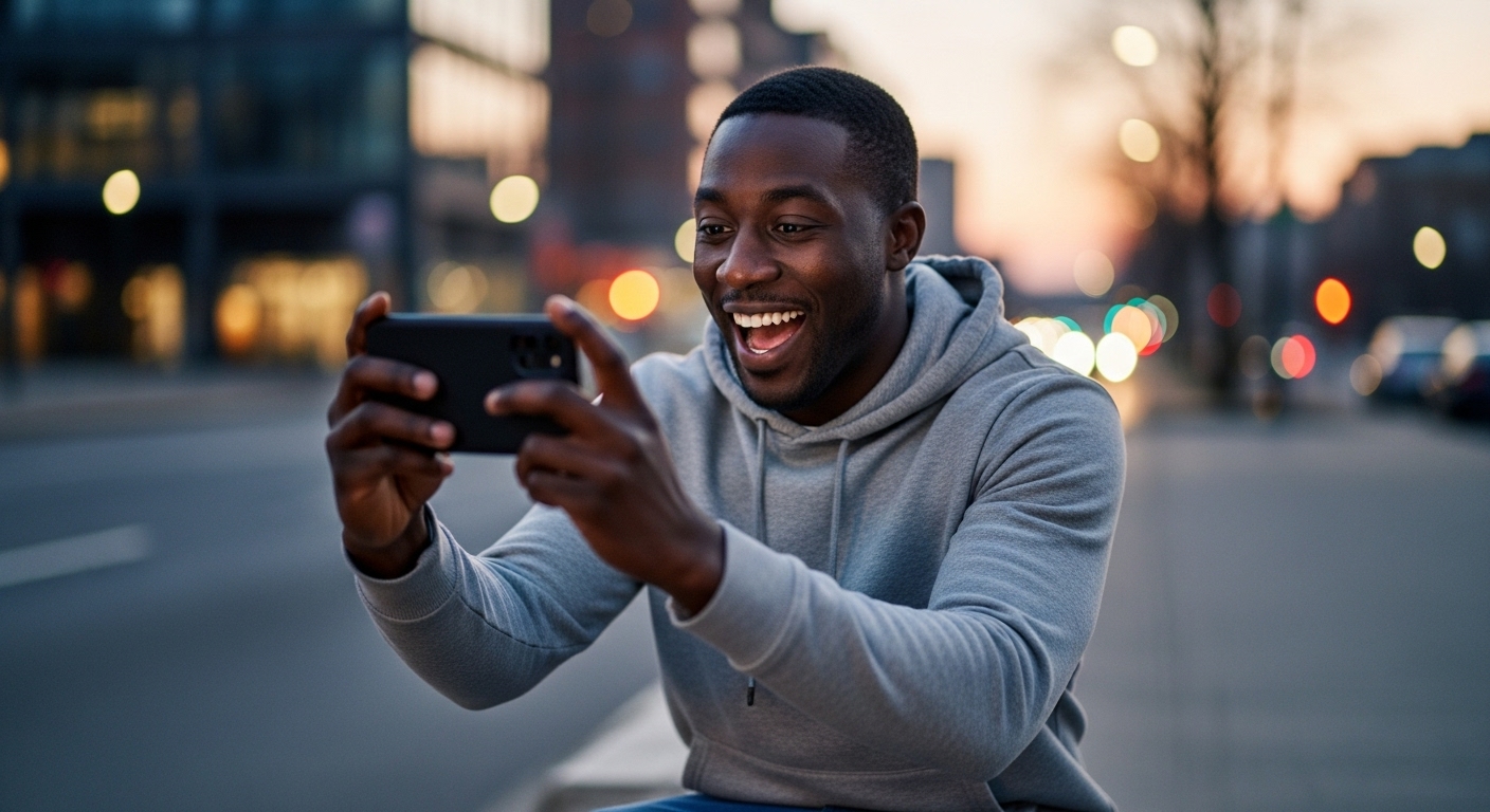 A black man holding his phone and feeling excited #1