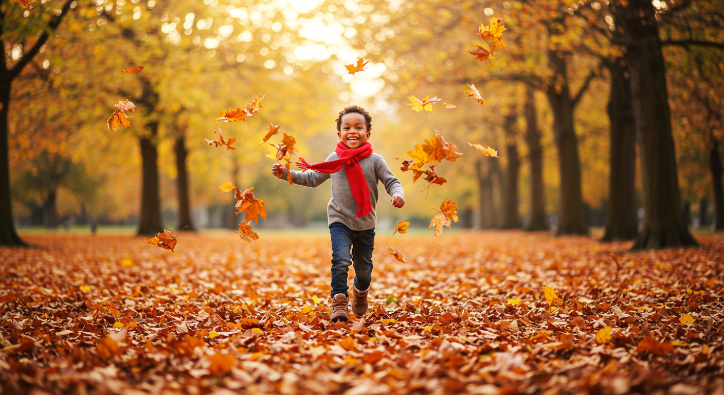 A black child running through a park with fallen leaves swirling around, wearing a red scarf and boots #4