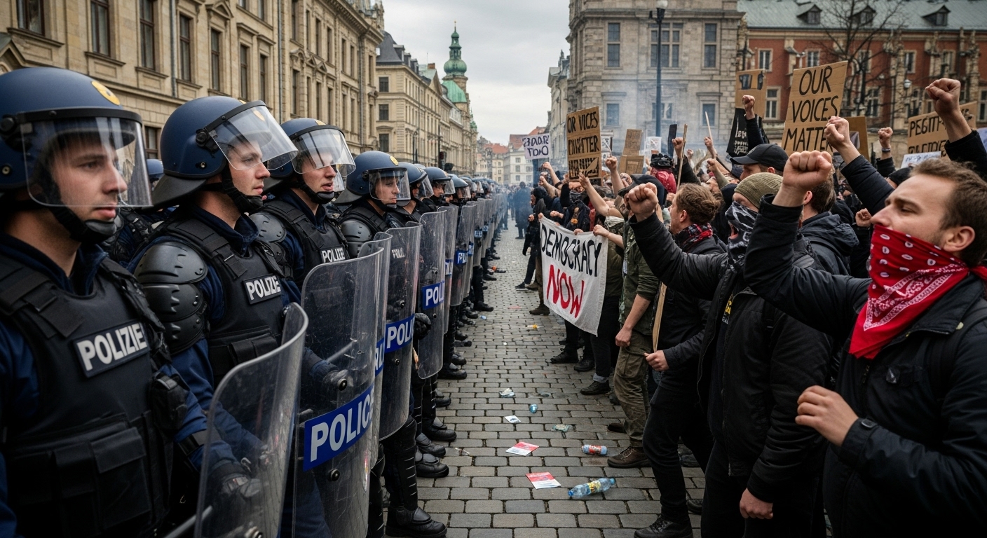 A standoff between riot police and protesters #1