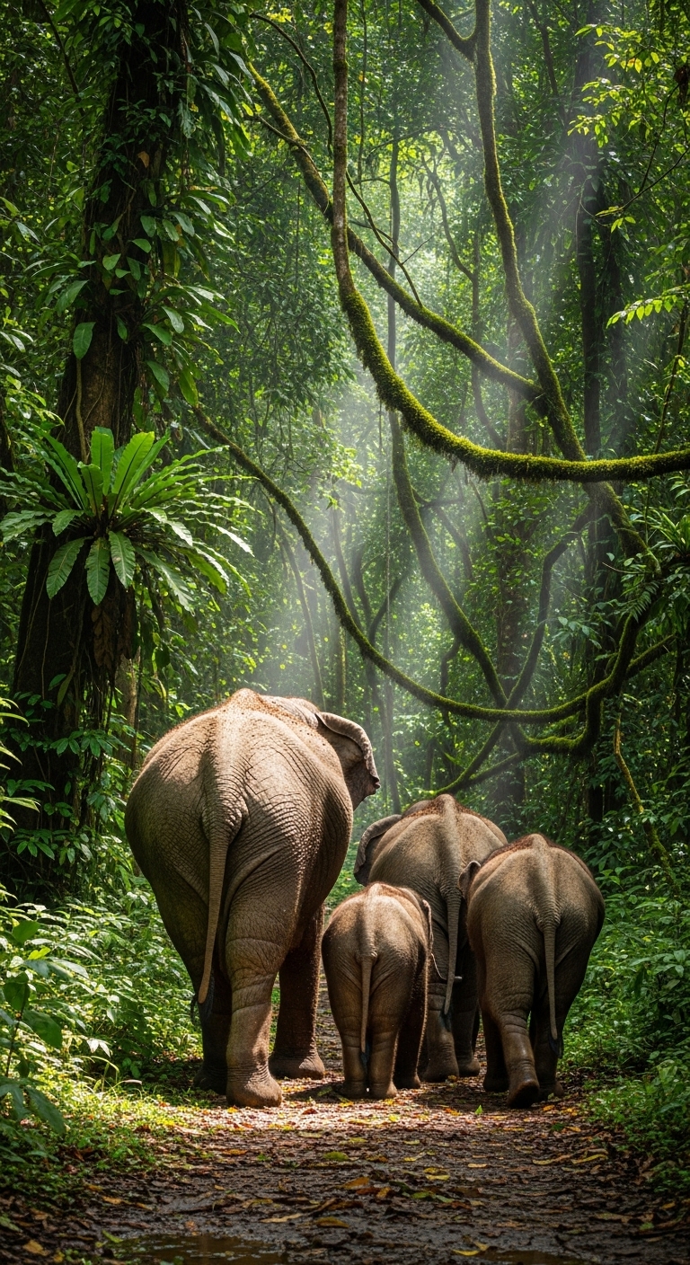 Back view of elephants in a rainforest #3