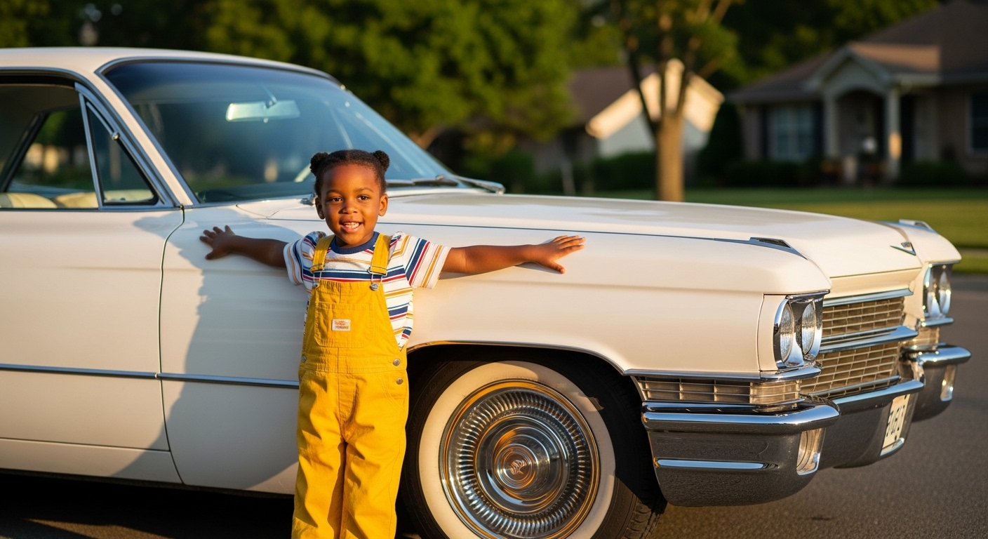 A black child standing by a white car #2